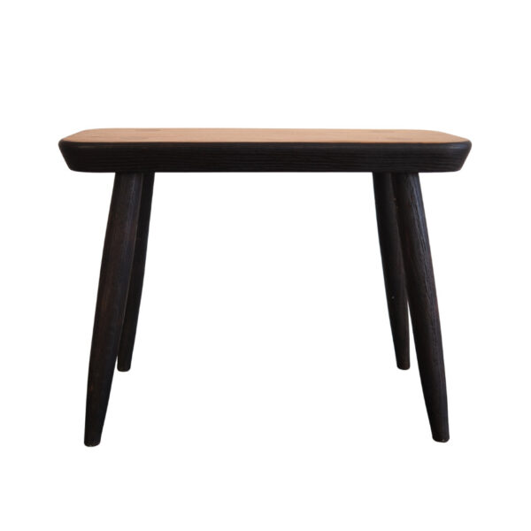 Handmade oak bench with burned legs and underside.